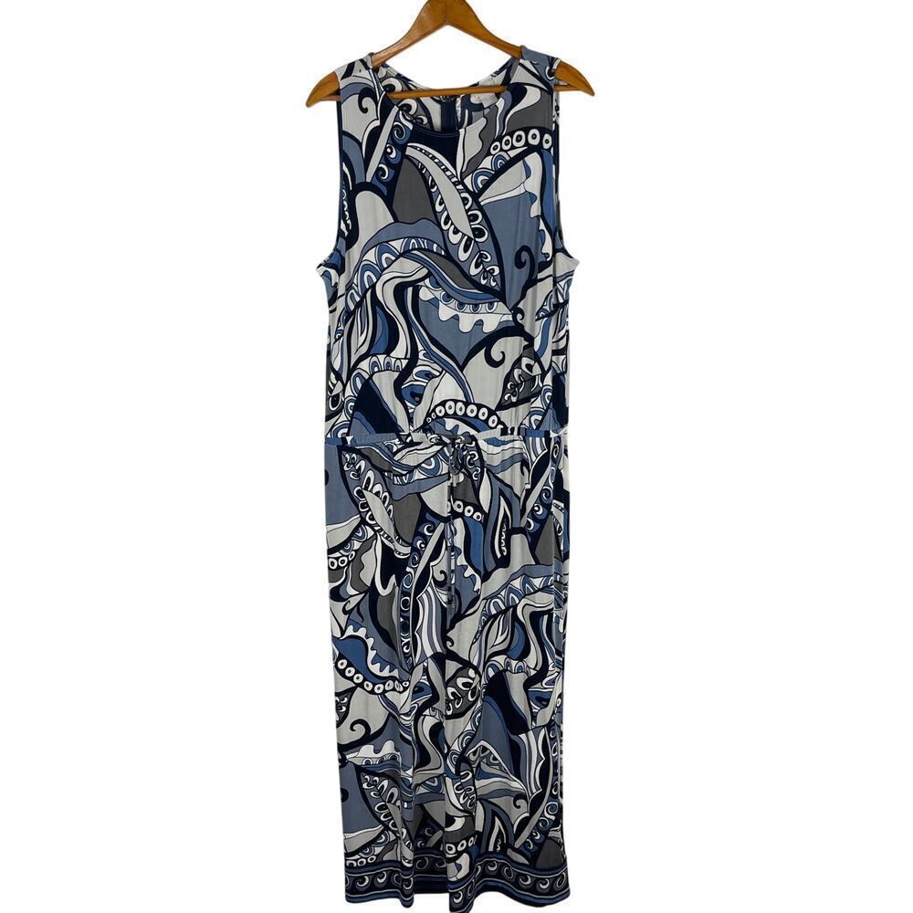 Chico’s Travelers Classic Crop Blue Grey Black Paisley Jumpsuit size 3 US 16 18 - Picture 2 of 12
